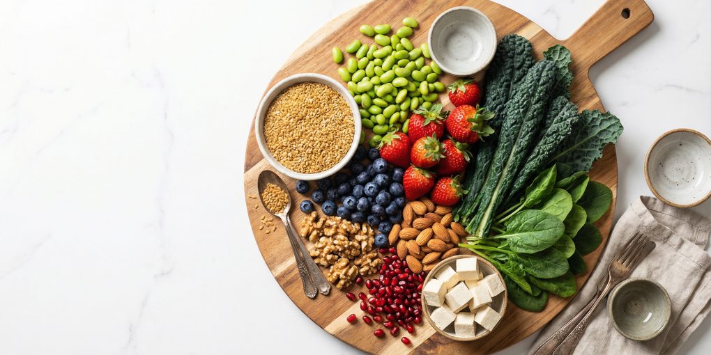 Estrogen-rich foods for natural breast enhancement including soy flaxseeds berries and leafy greens