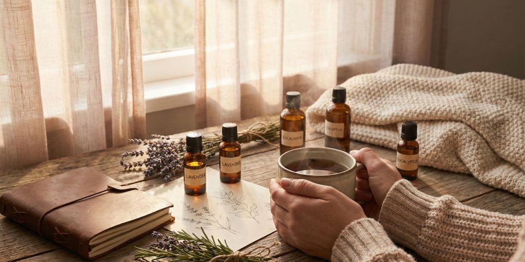 Woman enjoying herbal tea with essential oils and wellness journal - natural breast enhancement guide