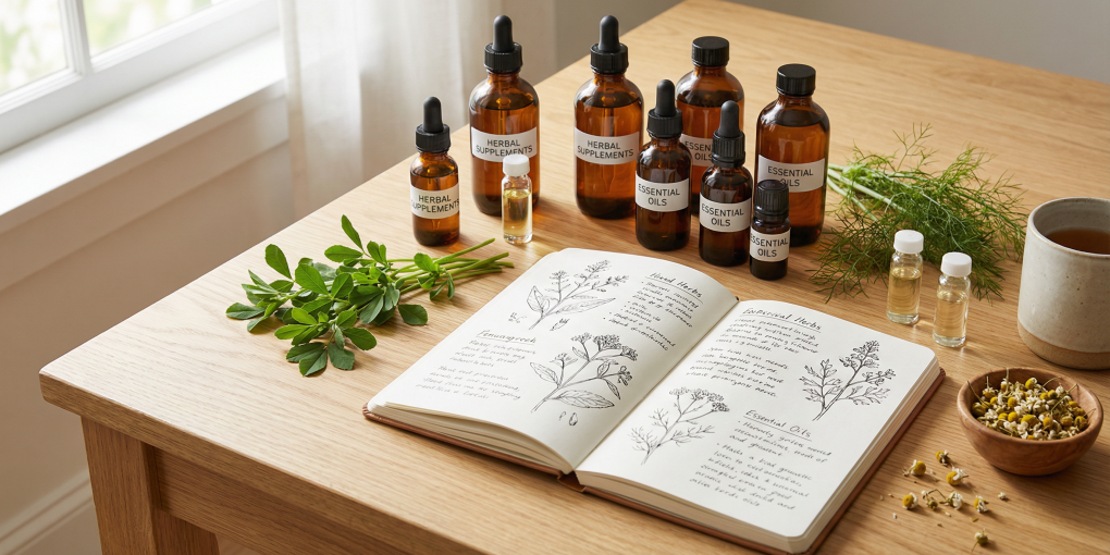 Herbal supplements essential oils and botanical notebook for understanding womens hormones and body shape