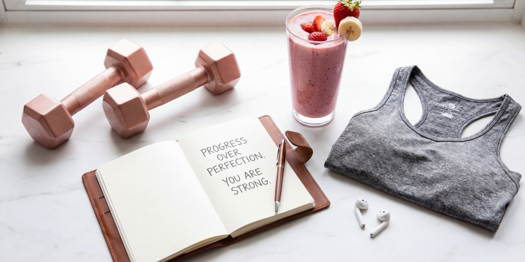 Empowering fitness scene with dumbbells protein smoothie and workout gear for strong confident women