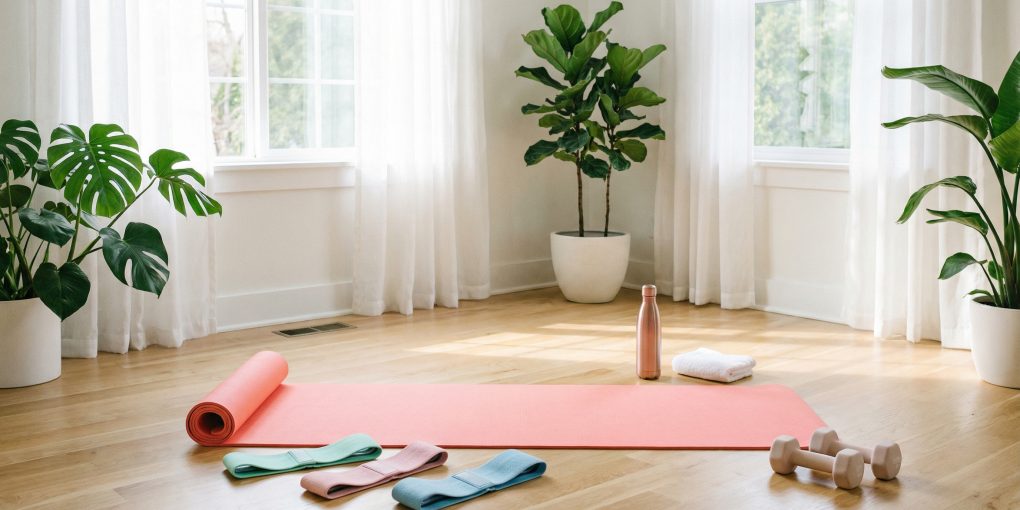 Home workout setup with yoga mat resistance bands and dumbbells for glute exercises at home