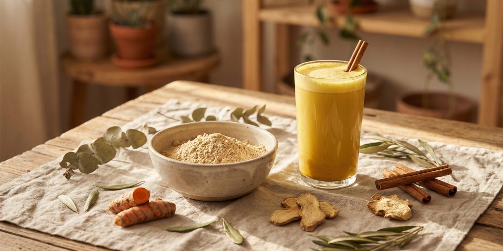 Maca root powder and golden turmeric latte for womens hormonal health and estrogen balance
