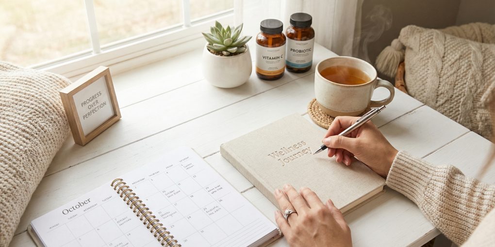 Woman tracking wellness progress in journal with supplements and herbal tea - natural breast enhancement timeline