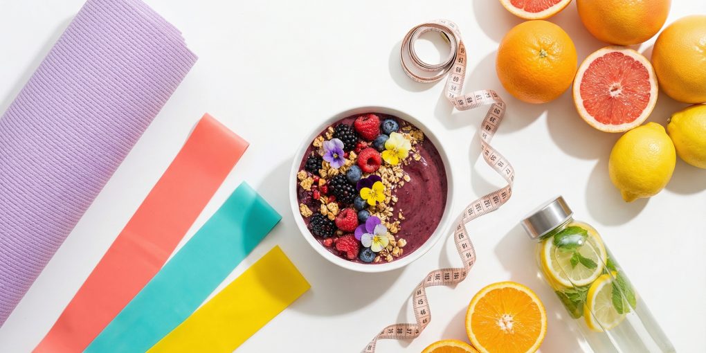 Fitness and wellness flat-lay with yoga mat resistance bands smoothie bowl for hourglass figure naturally